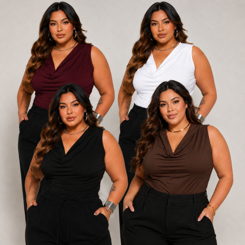 Kit Blusa Regata Feminina Plissada Plus SIze Social Casual Gola Boba Drapeada Soltinha Despojada Moda Verão 2026