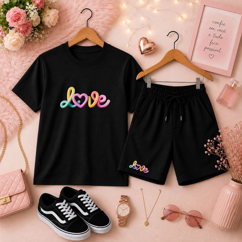 Praticidade no Dia a Dia Conjunto Infantil Feminino com Camiseta Básica e Short de Moletom Estampado Love