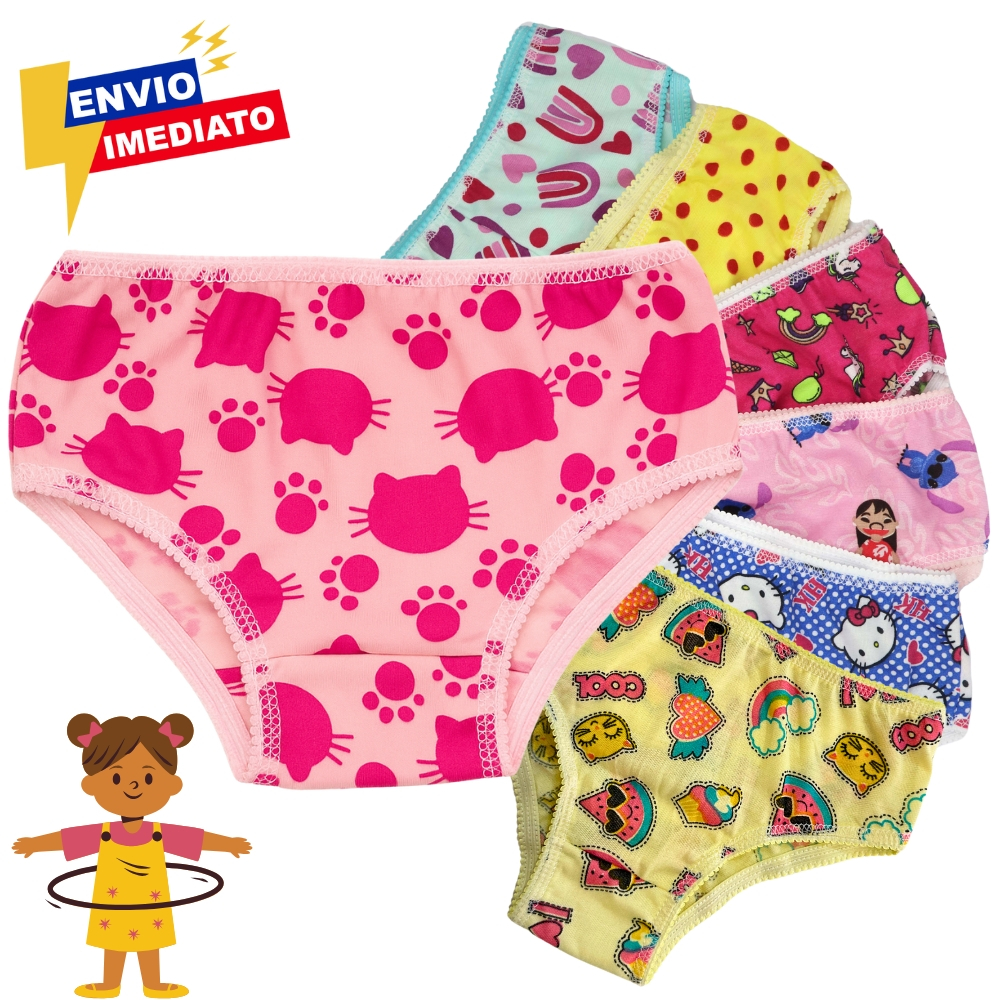 Calcinha infantil kit com 5 e 10 estampas sortidas para meninas de 0 a 9 anos forro algodão