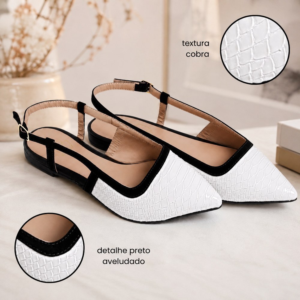 Sapatilha Branca Slingback Feminina Confortável Bico Fino Aberta Atrás Acabamento Premium Levíssimo