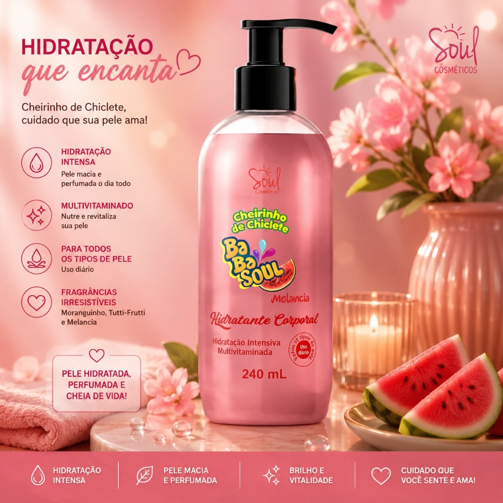 Hidratante Corporal Babasoul 240ml Cheirinho Chiclete Tutti Frutti Melancia Morango SOUL — imagem 2 de 2