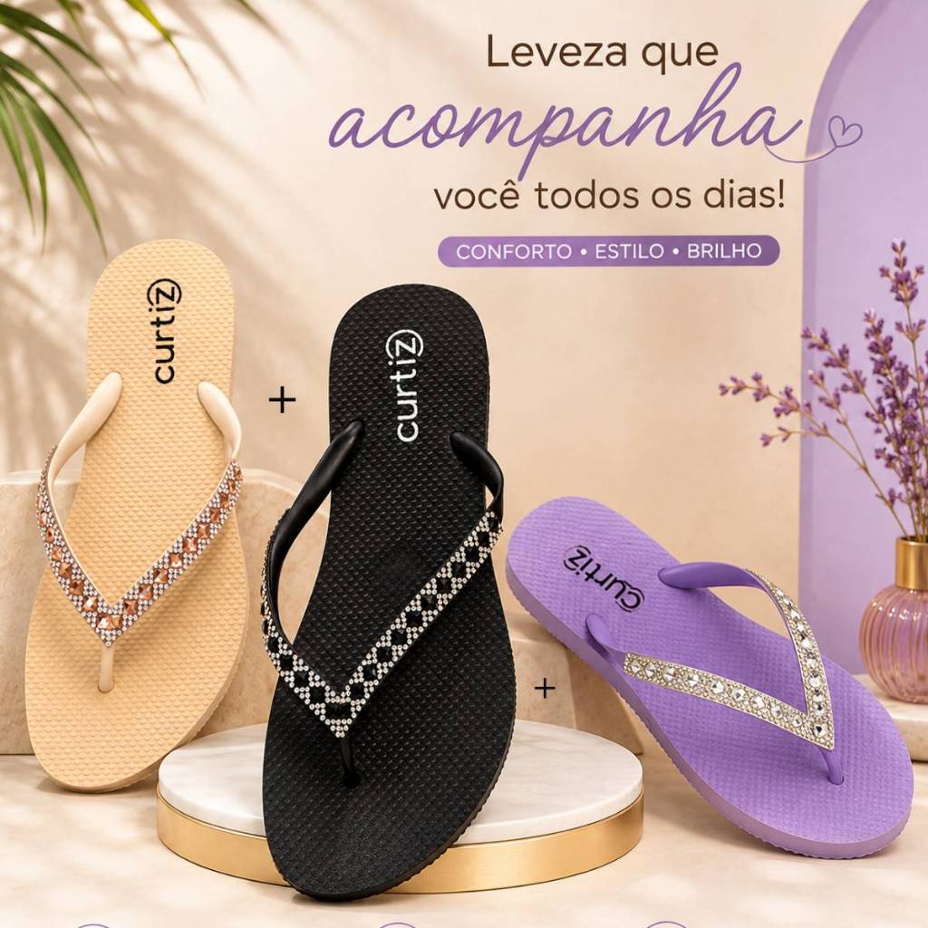 Kit 3  Chinelos Strass Premium Feminino com Brilho Leve e Macio Chinelo Gliter Brilho Original
