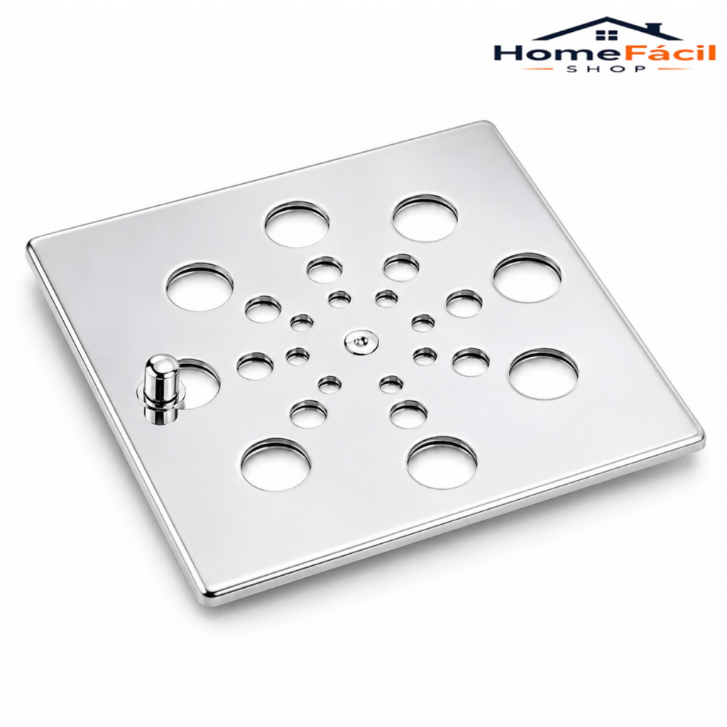 Ralo Abre e Fecha Quadrado 9,5x9,5cm em Aço Inox – Tampa Grelha para Banheiro, Cozinha e Área de Serviço