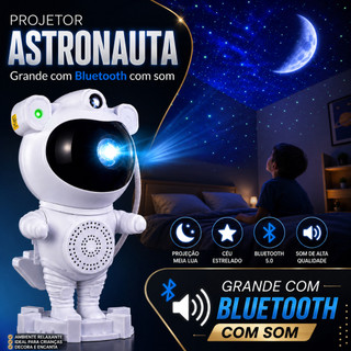 Luminária Astronauta Com Caixa De Som Bluetooth Alto Falante Projetor De Luz Quarto Galáxia Estrelas