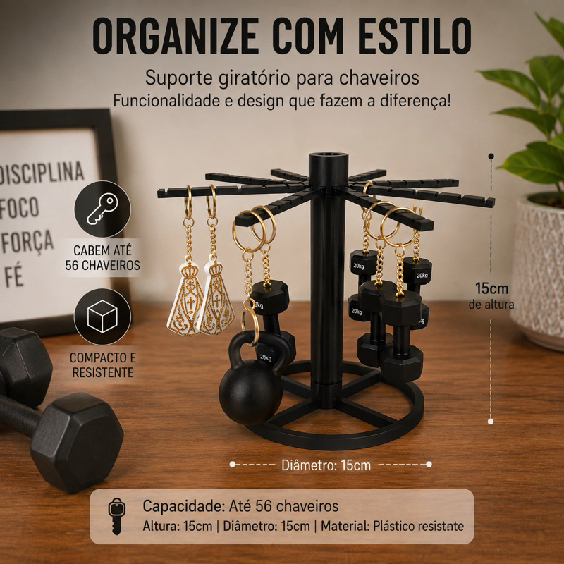 Suporte Giratório Chaveiros 56 Unidades Preto Organizador