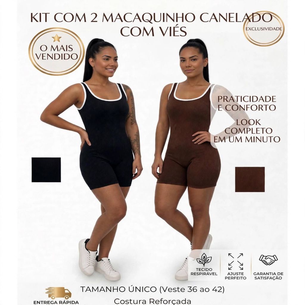 Kit 2 Macaquinhos Fitness Feminino Canelado com Viés Alta Elasticidade Zero Transparência Academia