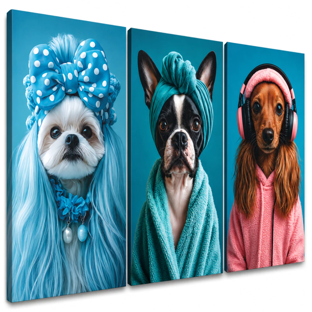 Kit 3 Quadros Decorativos Cachorros Divertidos Spa Pet com Toalha Fone para Banheiro Pet Shop e Veterinária