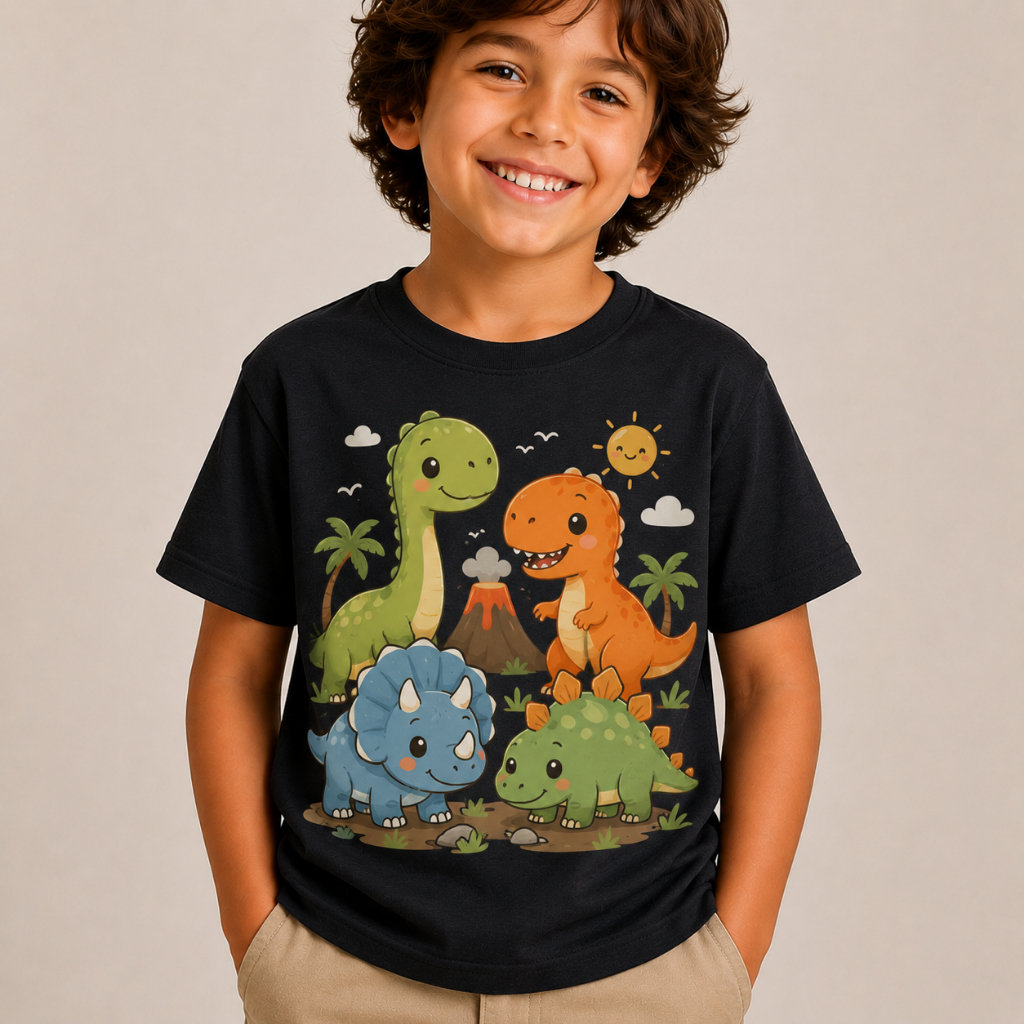 Camiseta Infantil Dinossauros Fofinhos Unissex T-Shirt Estampada Menino Menina Manga Curta Várias Cores