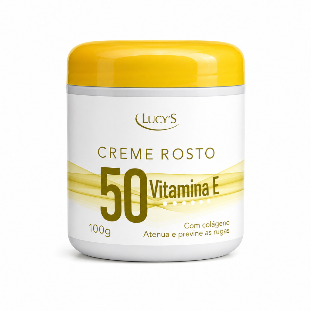 Creme Facial Rosto 50 com Colágeno e Vitamina E Antirrugas Hidratante Pele Madura Lucy's 100g.