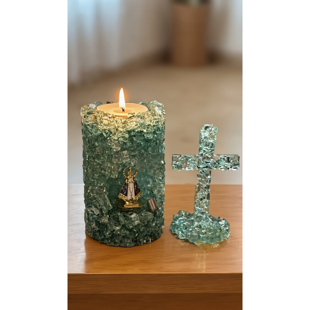 Vela Gruta Nossa Senhora Aparecida Artesanal em Vidro Verde