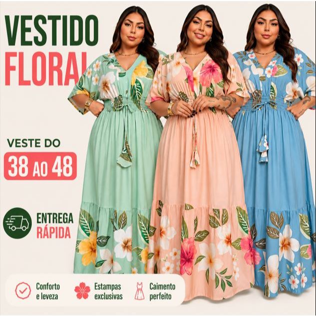 VESTIDO LONGO ESTAMPADO FLORAL | MANGA MORCEGO | DECOTE V | ELASTEX CINTURA | PLUS SIZE