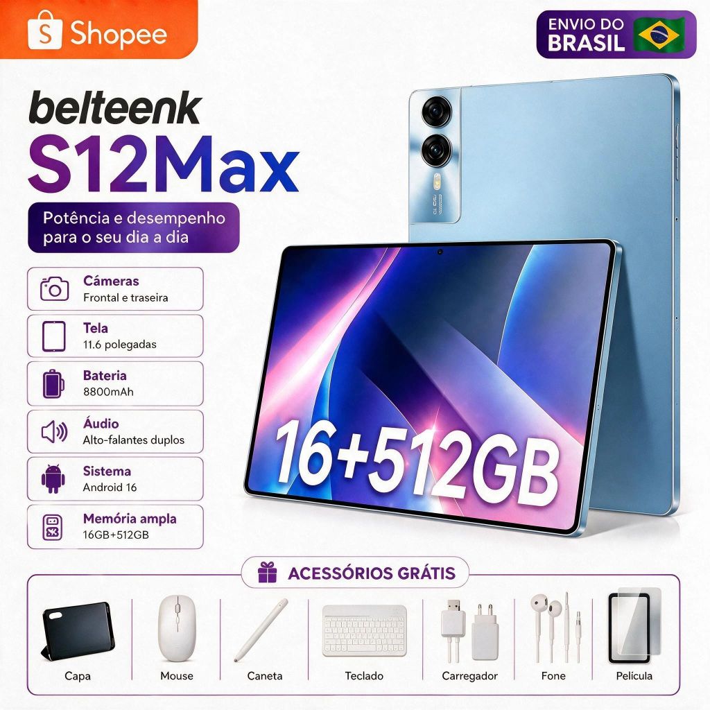 belteenk Tablet S12 Max 11,6 polegadas HD 16 GB + 512 GB Android16  5G, Wi-Fi, Bluetooth 8800mAh