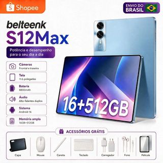 belteenk Tablet S12 Max 11,6 polegadas HD 16 GB + 512 GB Android16  5G, Wi-Fi, Bluetooth 8800mAh