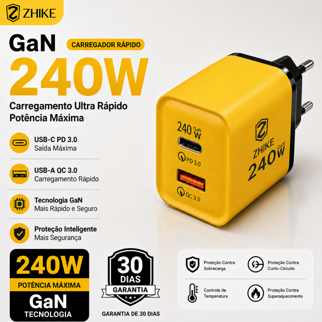 Carregador GaN Adaptador De Carregamento Rápido Interface Dupla USB A/Tipo C A+C Parede Para Viagem