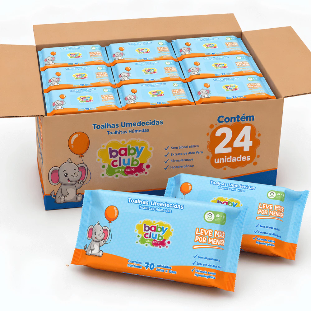 Kit 24 Pacotes Lenço Umedecido Baby Club Com AloeVera Sem Álcool Pack Gigante