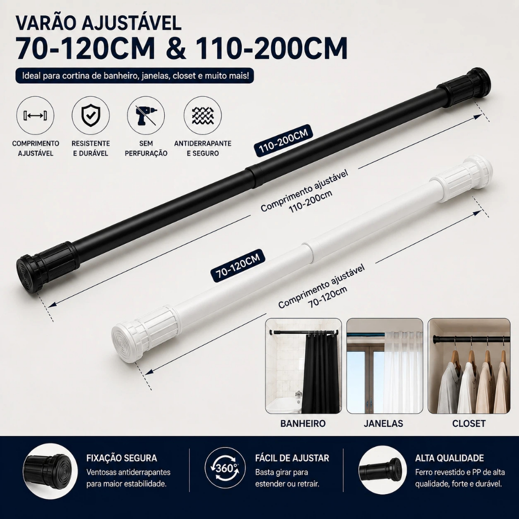 Varão Ajustável para Cortina de Pressão Sem Furar Extensível p/ Banheiro Janela 70-120cm/110-200cm