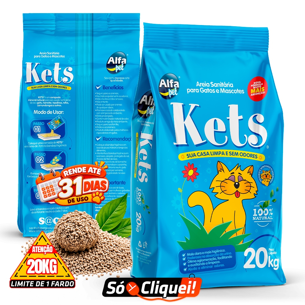 Kit 5 Pacotes Fardo de Areia Para Gato Kets 20KG Alfa Pet Granulado Biodegradável Sanitário Forma Torrões Alta Absorção
