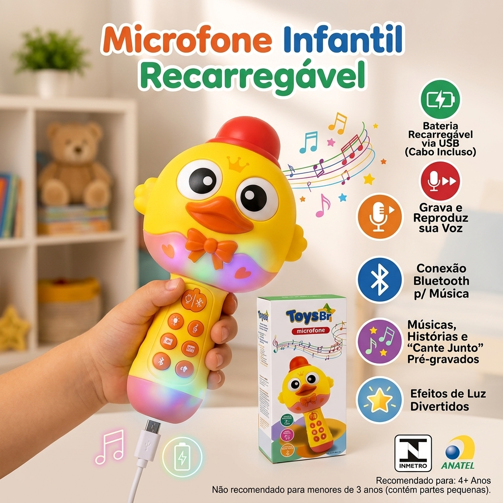 Microfone Infantil Recarregável com Bluetooth Sem Fio Músicas Histórias Brinquedo Educativo