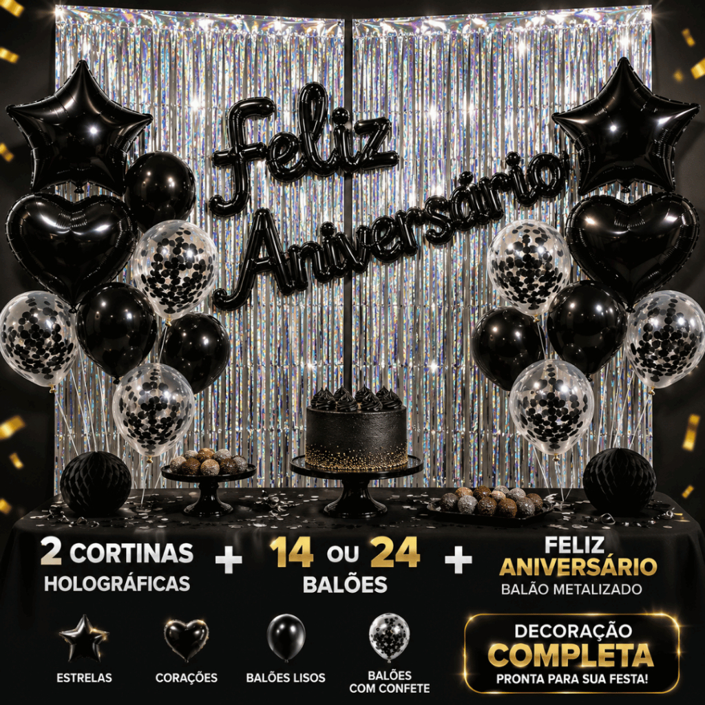 Kit 2 Cortinas + Feliz Aniversario + 14/24 Balões - Decoração Festa de Aniversário