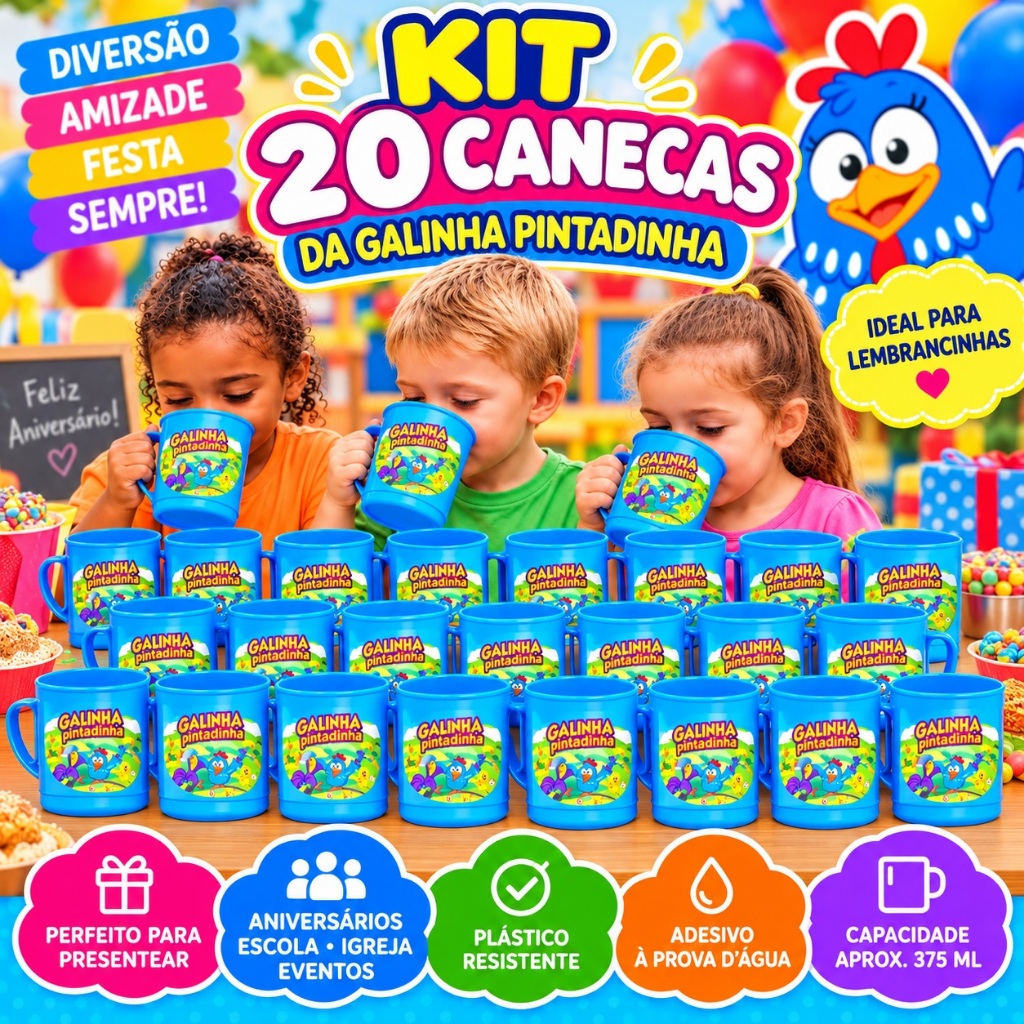Lembrancinha Galinha Pintadinha Kit Festa 20 canecas 375 ML Personalizadas Presente Aniversario Infantil Crianças