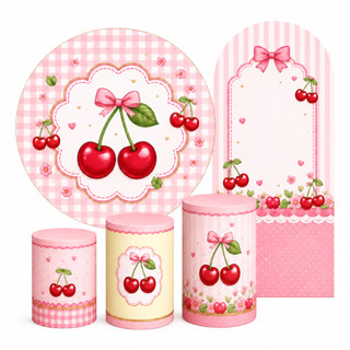 Kit Capa Painel Redondo Mais Trio Capa Cilindro Mais Romano 1 Verso Tema Cereja Lançamento Tecido Premium Lavável