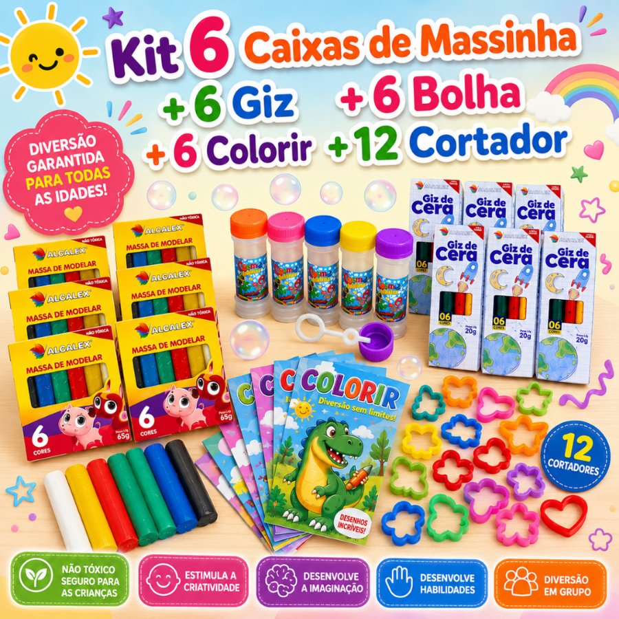 Kit 6 Massinha Modelar + 6 Bolha Sabão + 6 Giz Cera + 12 Corta + 6 Colorir/Atividades Lembrancinha Infantil