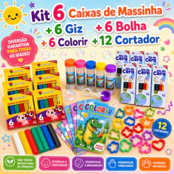 Kit 6 Massinha Modelar + 6 Bolha Sabão + 6 Giz Cera + 12 Corta + 6 Colorir/Atividades Lembrancinha Infantil
