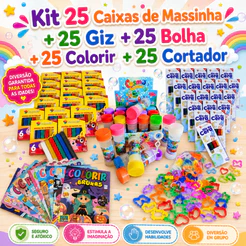 25 Massinha de Modelar + 25 Cortador + 25 Giz de Cera + 25 Colorir + 25 Bolha de Sabão