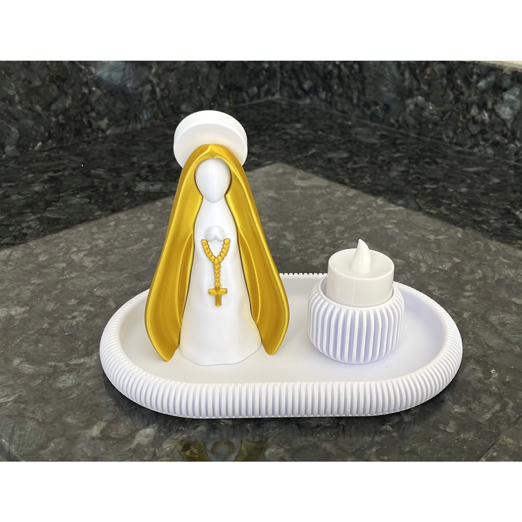 kit Nossa Senhora Aparecida/ Altar de oração/Imagem Branca/manto dourado/bandeja branca/porta vela branco/impressão 3D