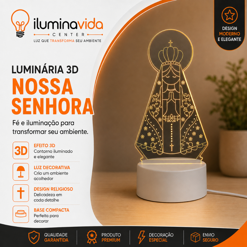 Luminária Abajur De Mesa Led 3D Criativo Nossa Senhora Aparecida Base Branca 3500K Abajur Acrílico
