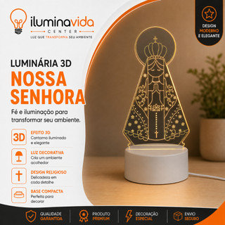 Luminária Abajur De Mesa Led 3D Criativo Nossa Senhora Aparecida Base Branca 3500K Abajur Acrílico