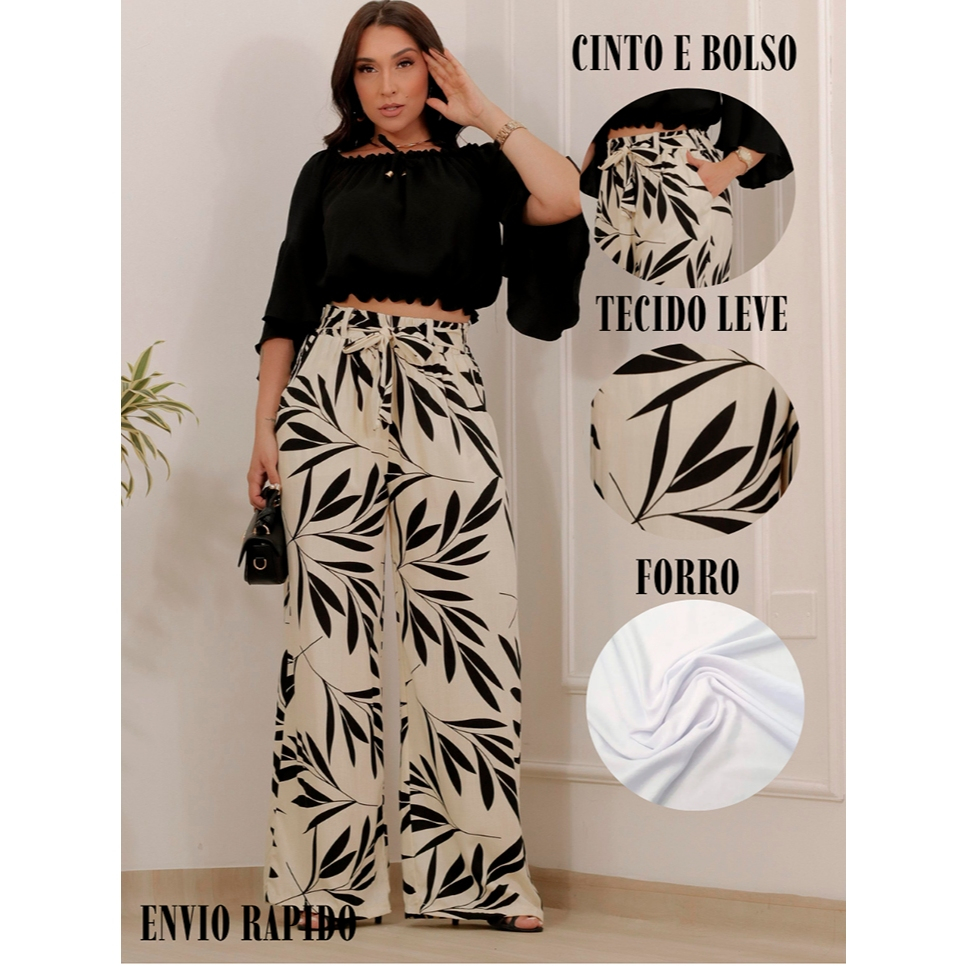 calça pantalona  estampada feminino cintura alta (forro e bolso)