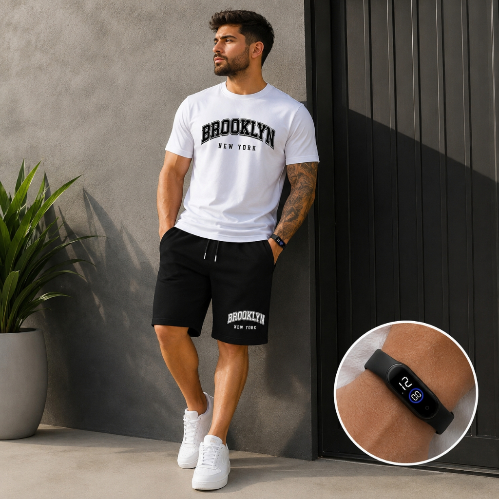 Kit Masculino Camiseta Estampada + Bermuda + Relógio Digital Conjunto Casual Brooklyn