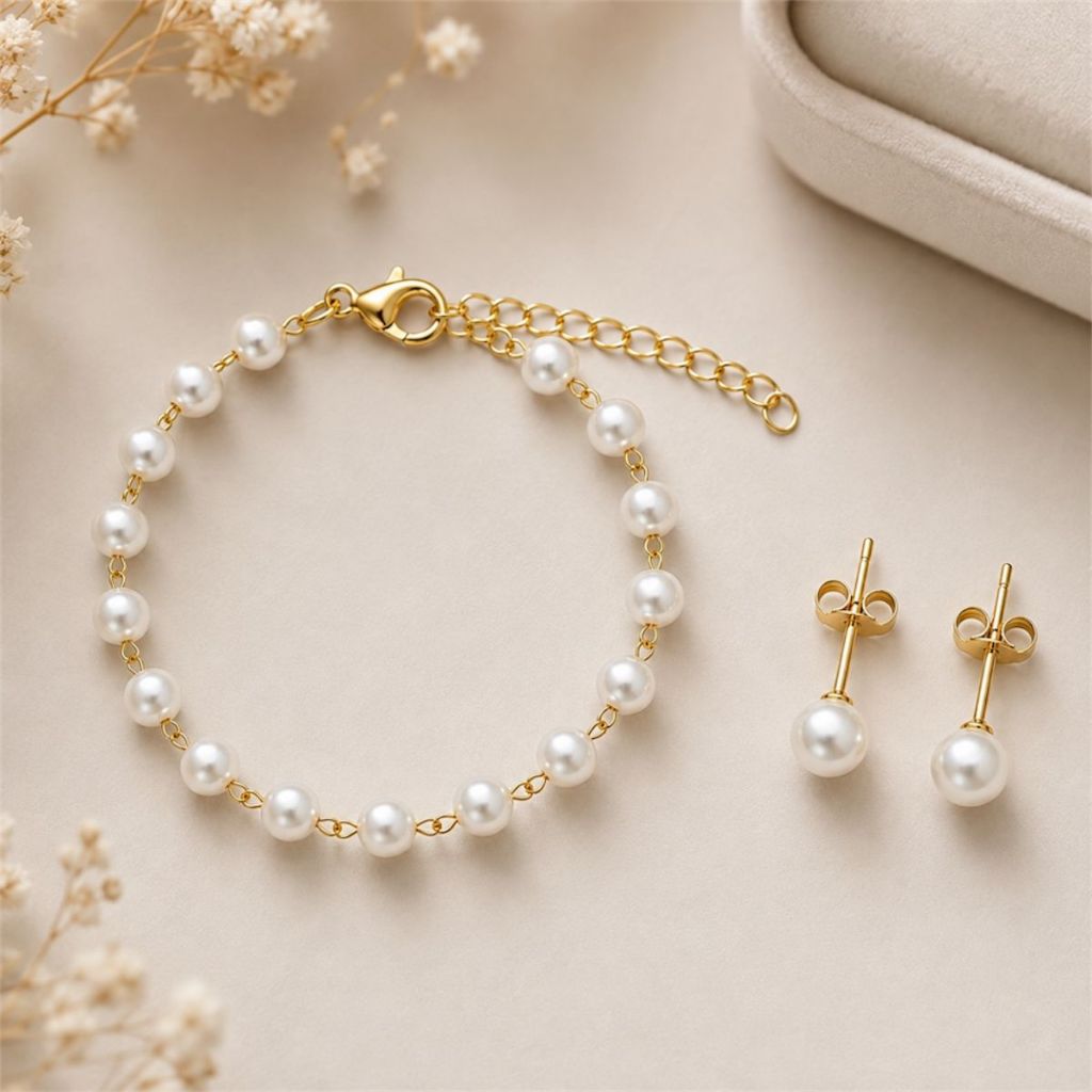 Conjunto Infantil Pulseira + Brinco De Pérolas Folheado a Ouro 18K Conjunto Antialérgico Infantil...