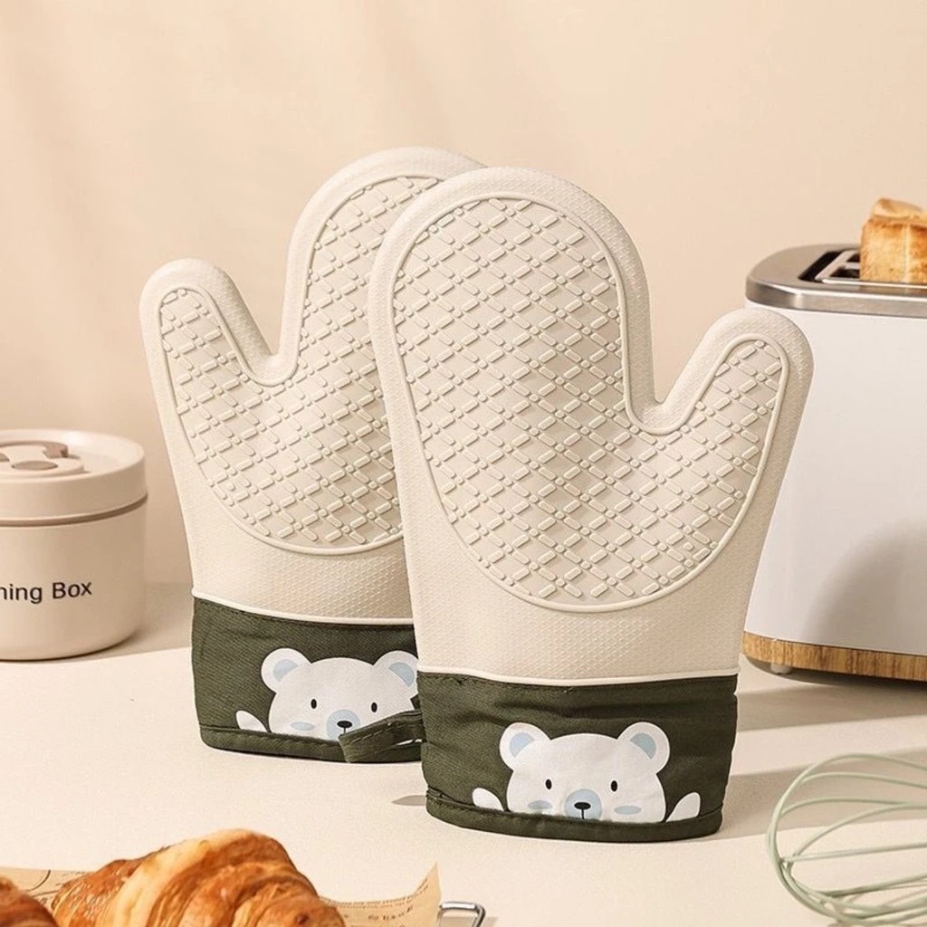 1Par ou 1 Unidadade Luvas Isoladas Anti-Queimadura Silicone Espessado Cozinha Assar Forno Especial Branca com verde