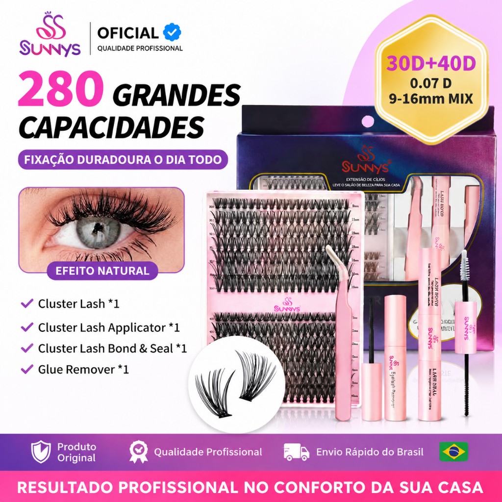 SUNNYS DIY Kit Cílios Postiços 280&240 Fios Mix 30D+40D Cola Removedor Aplicador Profissional