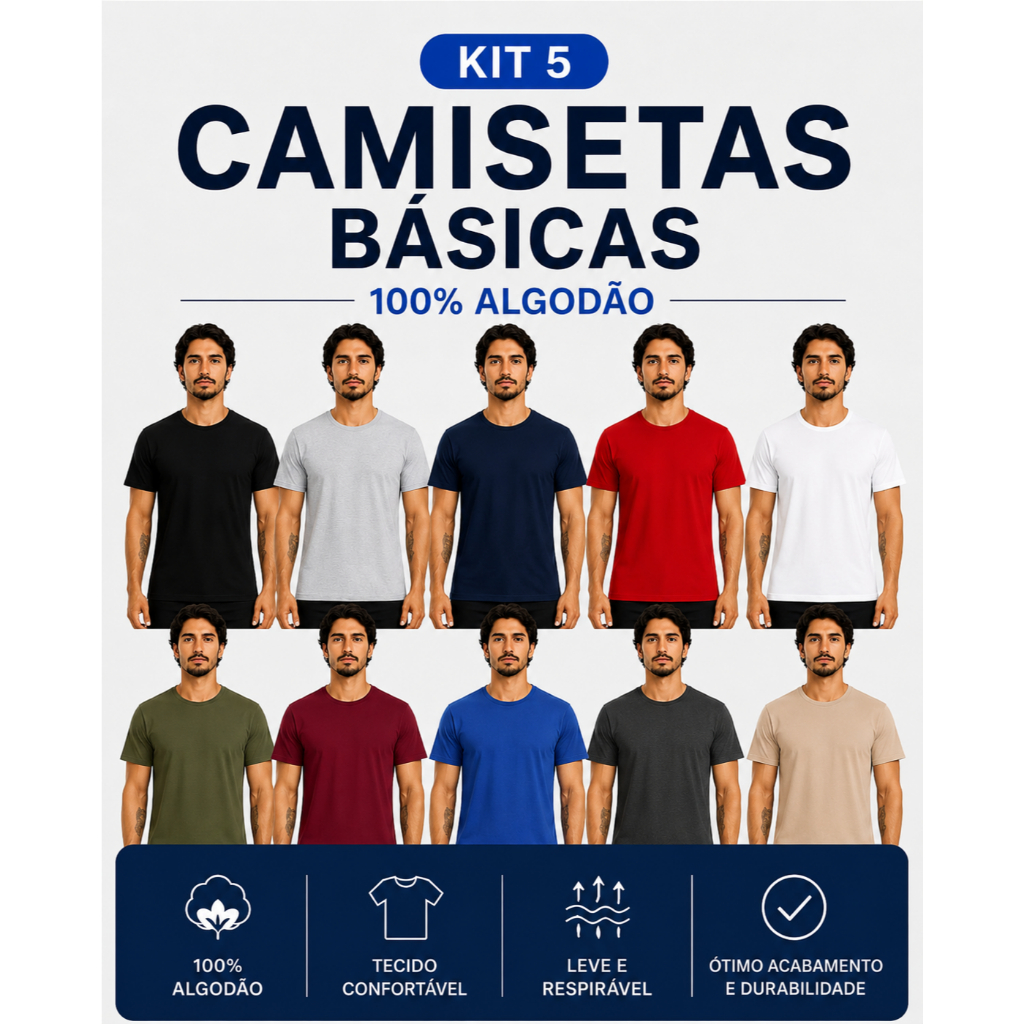 Kit 5 Camiseta Masculina Lisa 100% Algodão