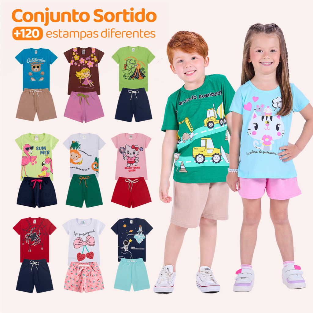Kit 5 Conjuntos de Verão para Crianças 100% Algodão Leves e Fresquinhos para o Verão Tecido Confortável e de Qualidade