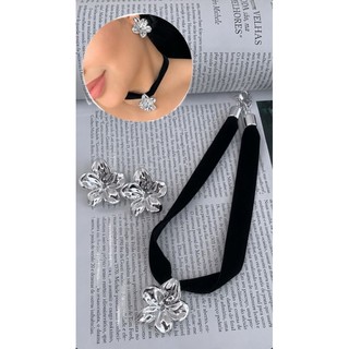 Conjunto Veludo Choker e Brincos Prata Leve Country