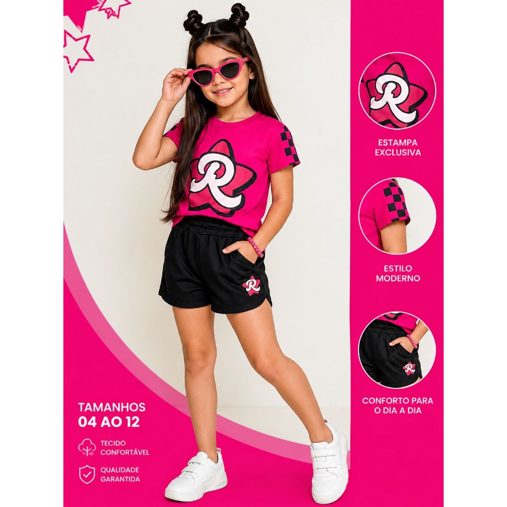 Conjunto Infantil Menina Preto com Rosa em Algodão Blogueirinha (4 ao 12 Anos)