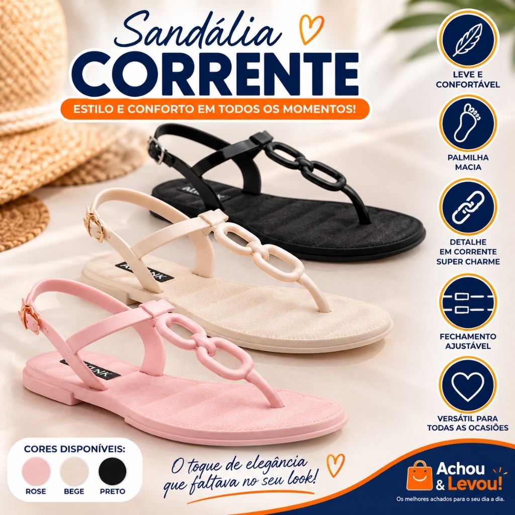 Sandalia Feminina Corrente Rasteirinha Confortavel Elegante Casual Moderna Ajustavel com Fivela