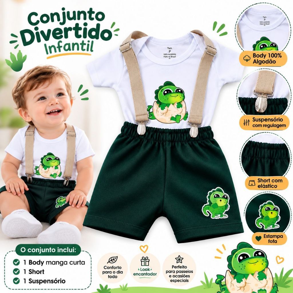 Conjunto Mesversário Dinossauro Bebê Menino Body Manga Curta Short Suspensório Roupa Temática Festa Aniversário