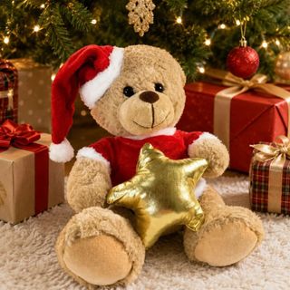 Urso De Pelúcia Natalino 25cm Sentado Estrela | Presente Lembrança Enfeite Decoração Natal