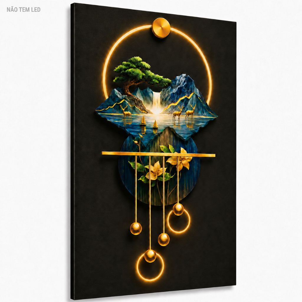 Quadro Luxo Oriental 3D Cascata Dourada | Decoração Sala Zen Lótus Vertical