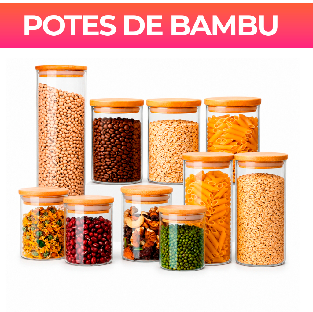 Potes de Vidro 200/300/550/2000ml com Tampa de Bambu Hermético Mantimentos Condimentos Empilhaveis