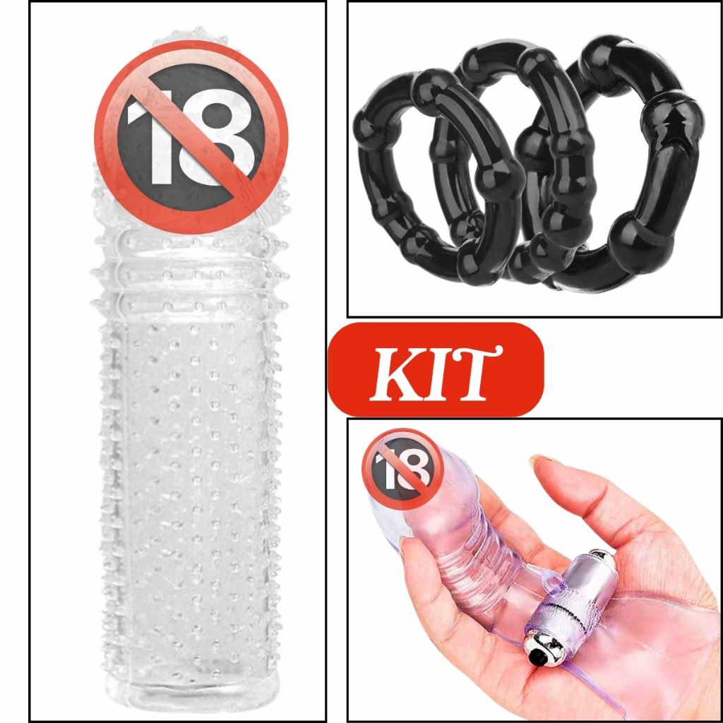 Kit Sexshop Ereção Vibrador Clitóris Capa Peniana Textura Macio 18 Cm Anel Peniano Silicone