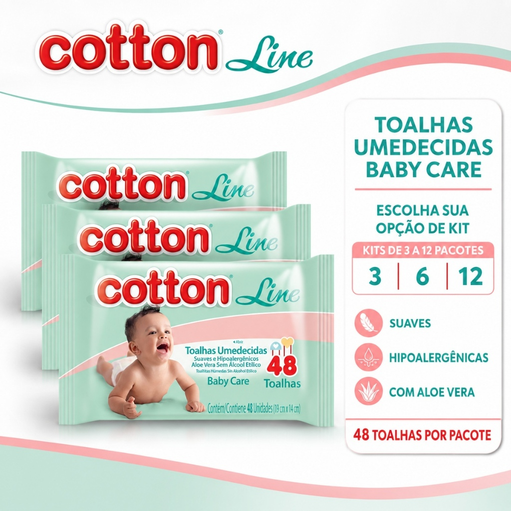 Toalhas Umedecidas Cotton Line Aloe Vera Sem Álcool Hipoalergênicas Kit com 3, 6 ou 12 Pacotes com 48 Unidades