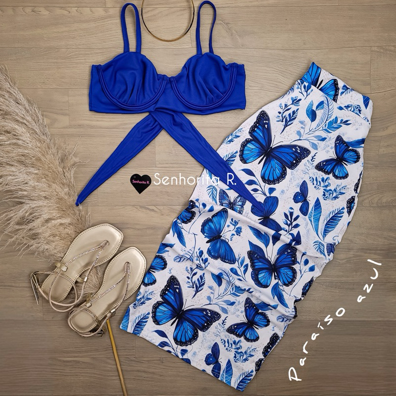 LANÇAMENTO Conjunto Paty Saia Midi Cropped Estampado Inspi Estampa tendência tropical azul rosa