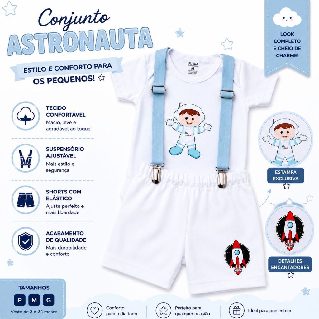 Conjunto Infantil Astronauta Menino Body Shorts Suspensório Ajustável Roupa Temática Mesversário Aniversário Bebê