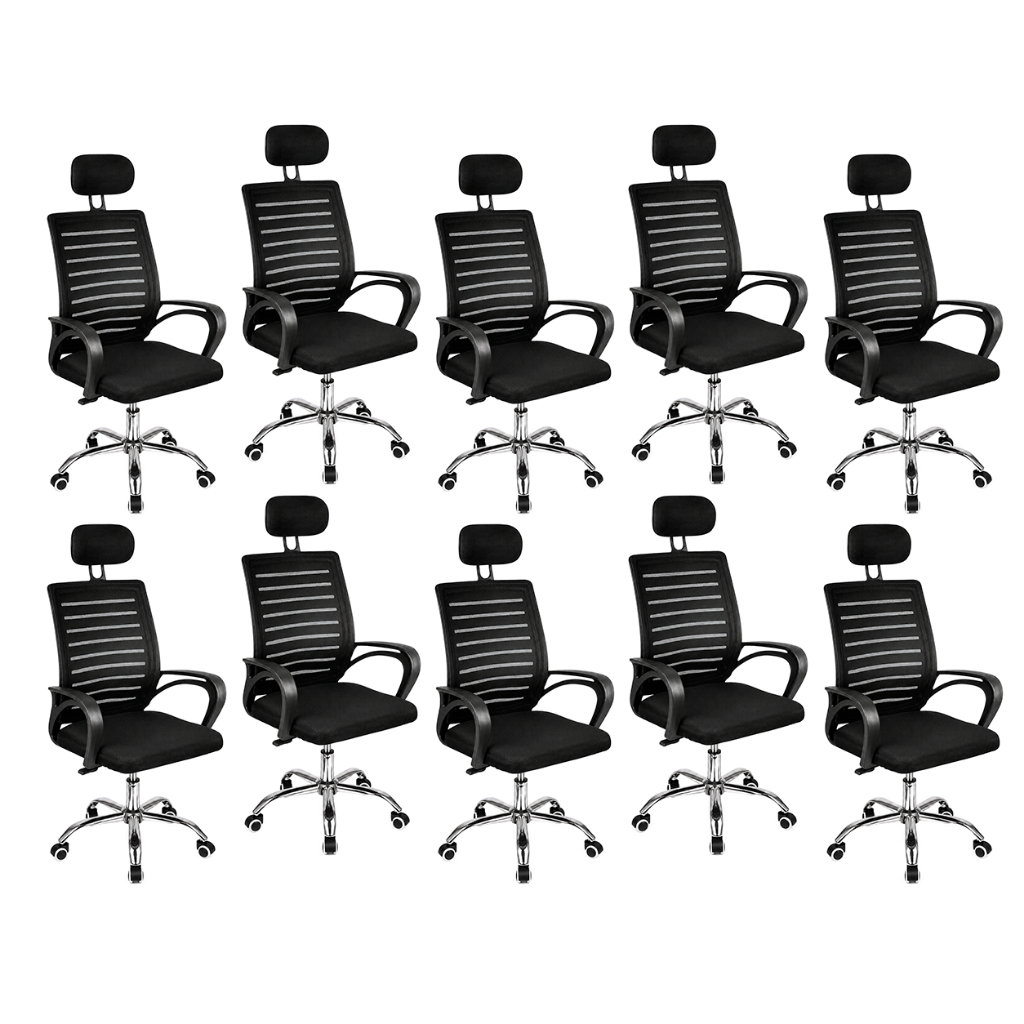 Kit 10 Cadeiras de Escritório Diretor Roma Ergonômica Tela Mesh Respirável Apoio de Cabeça Ajuste de Altura